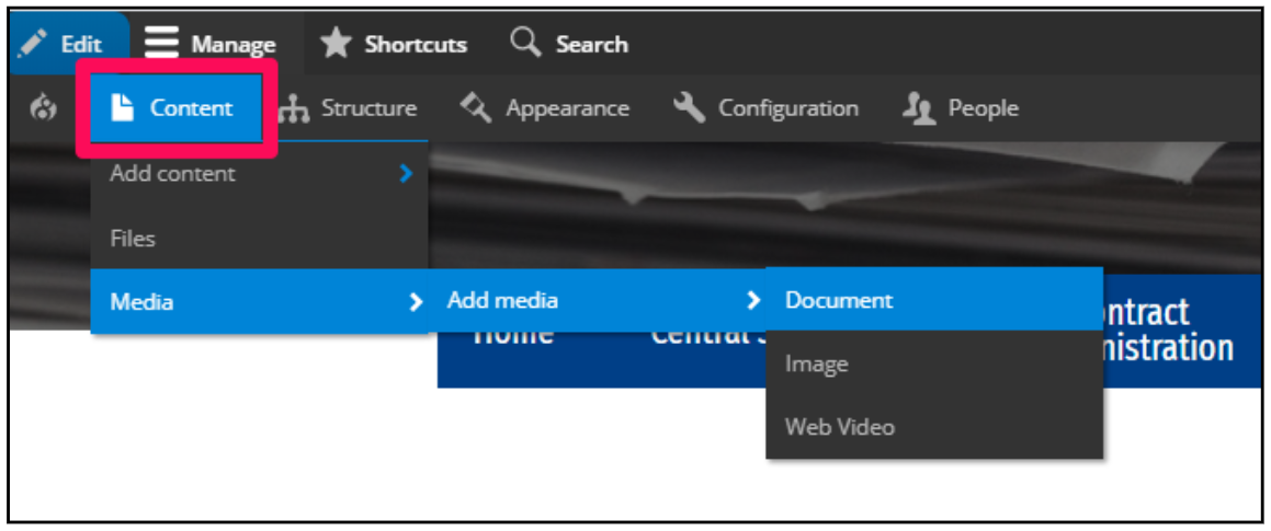 Navigating from the menu directly, go to Content > Media > Add Media > Document