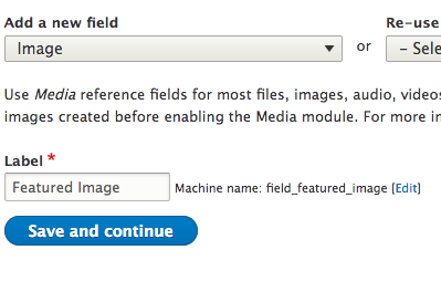 Add new image: "Image" field is selected and "Featured Image" is set as the label