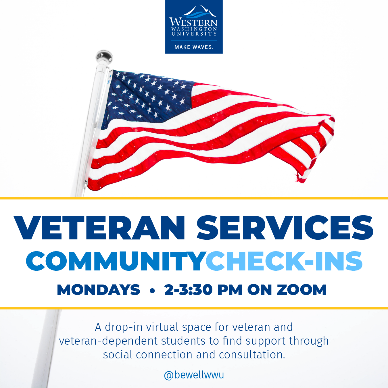 American flag with text "Veteran Services Community Check-Ins"