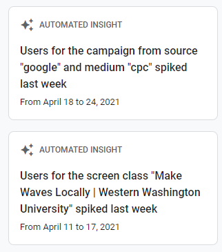 example of automated insight: "users for the screen class "Make Waves Locally" spiked last week", dated April 11 - 17, 2021.